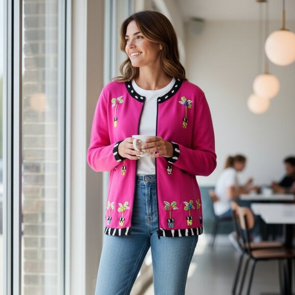 Just B Sweaters - Just B Pink Sequined Beaded Flower Zip Up Cardigan Sweater Size Large